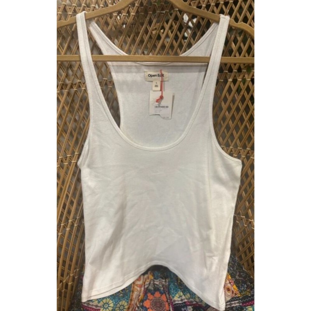 Open Edit White Ribbed Scoop Neck Crop Tank Top - Size L (NWT)